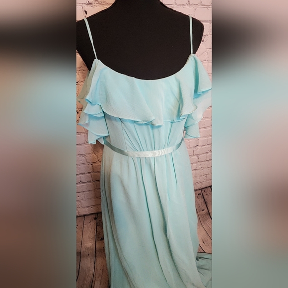 David's Bridal Long Flutter Sleeve Spa Blue Dress Size 8 NWT - Picture 3 of 9